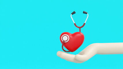 3D illustration. Cute stethoscope and red heart on cartoon hand isolated on blue background. Clipping path.