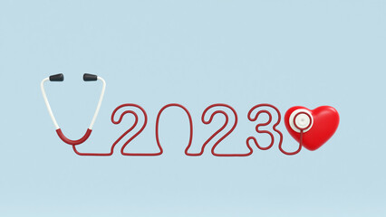 3D illustartion. Cute stethoscope transform to number 2023 repesenting year with red heart at the end. Clipping path.