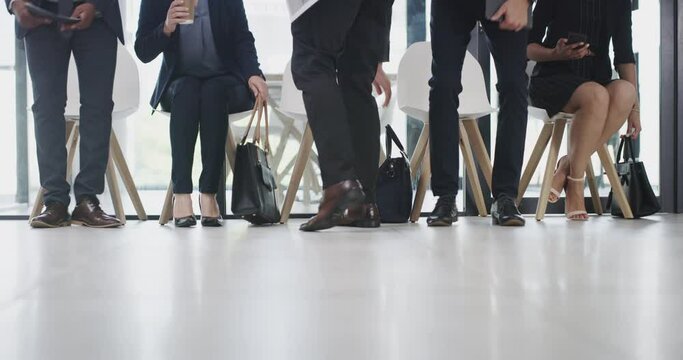 Business people, legs or waiting in job interview line, we are hiring queue or human resources office for corporate opportunity. Men, women or diversity in recruitment company and paper or technology