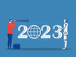 Businessman Business vision with binoculars for opportunities in spyglass 2023 New year Science and artificial intelligence technology,innovation and futuristic, AI, Machine vector illustrator