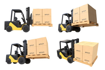 The forklift truck is lifting a pallet with cardboard boxes on transparent background, PNG file © Es sarawuth