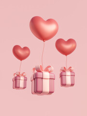 3D heart shape balloons carrying pink gift box on pink background. Romantic greeting card happy valentines day. 3D rendering illustration.