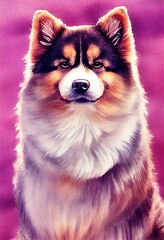 Funny adorable portrait headshot of cute doggy. Finnish Lapphund dog breed puppy, standing facing front. Looking to camera. Watercolor imitation illustration. AI generated vertical artistic poster.