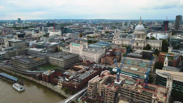 Aerial Hyperlapse, Downtown London UK Buildings, St. Paul's Cathedral and Riverbank Buildings, Drone Shot
