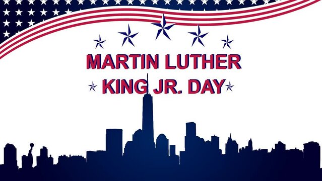 Happy Martin Luther King Day simple animation, with city and US flag on white background