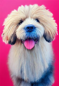 Funny adorable portrait headshot of cute doggy. Pulik dog breed puppy, standing facing front. Looking to camera. Watercolor imitation illustration. AI generated vertical artistic poster.