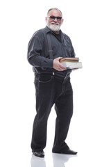 adult man with a stack of documents . isolated on a white