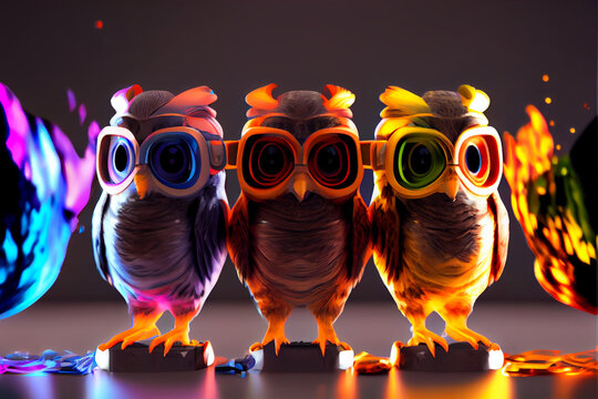animals VR concept , 3d owl  character style nft collection with VR goggles immersed in backlit diffuse liquid. metaverse concept, technology, video games and virtual reality