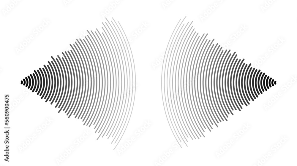 Poster Sound wave echo. Radio or music audio signals. Epicentre or radar icons. Radial signal or vibration elements. Impulse curve lines. Concentric ripple semi circle. 
