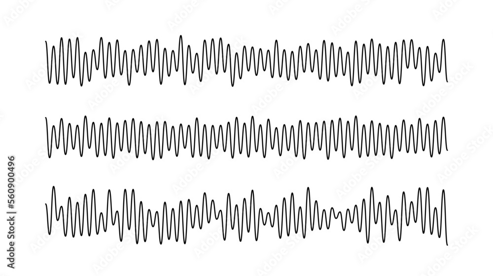 Aufkleber Sound wave signals set. Black audio track beats diagram collection. Voice or music sample concept. Pulse lines. Electronic radio graphics with different frequency and amplitude.