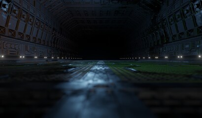 Metal corridor grating sci-fi interior in dark scene 3D rendering wallpaper backgrounds