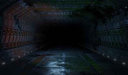 Control room and metal corridor grating underground in dark scene 3D rendering sci-fi fiction wallpaper backgrounds