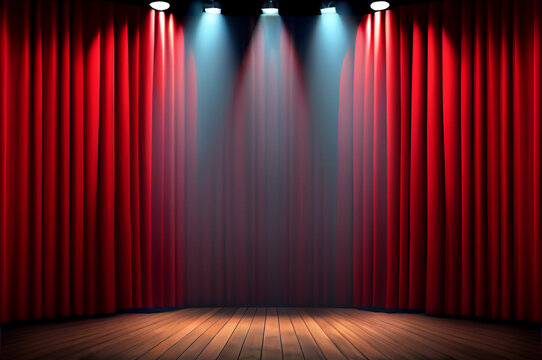 Theater stage with red curtains are opening with spotlight performance lights showing. Generative AI.