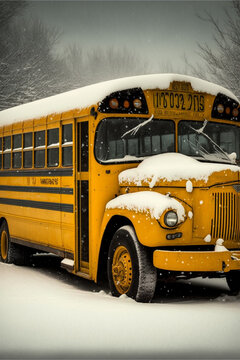 Snow Covered Yellow School Bus on a Snow Day AI Generated Image
