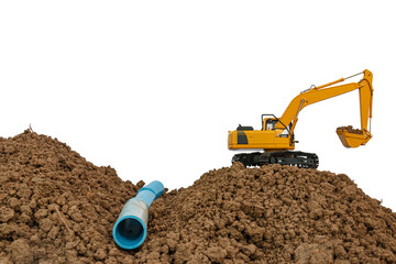 Crawler Excavator is digging in the construction site pipeline work on isolated white backgrounds.