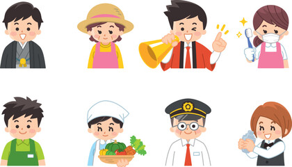 働く人々　呉服屋　農家　イベントスタッフ　歯科衛生士　スーパーの店員　栄養士　運転士　バーテンダー