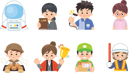 働く人々　宇宙飛行士　弁護士　コンビニ店員　オフィスレディ　パン屋　イベントスタッフ　宅配便　警備員
