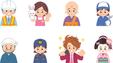 働く人々　作業員　保育士　住職　自動車整備士　陶芸家　消防隊員　アイドル　舞妓さん