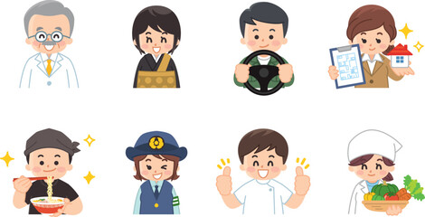 働く人々　医者　僧侶　ドライバー　設計士　ラーメン屋の店長　婦人警官　マッサージ師　栄養士