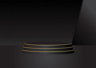 Black, Gold cylinder pedestal podium. Stage showcase for product display presentation. Futuristic Sci-fi minimal geometric forms, empty scene. Abstract Mockup product display.