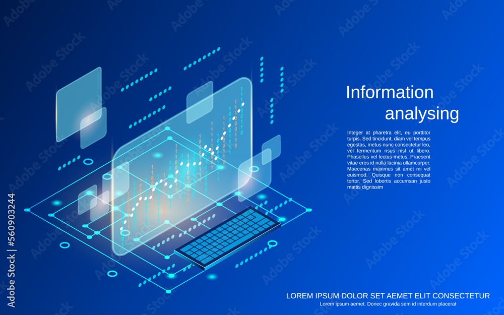 Poster information analyzing, data processing flat 3d isometric vector concept illustration
