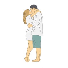 A full-length couple in love with bare feet hugs and a man in a white shirt kisses a girl