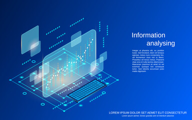 Information analyzing, data processing flat 3d isometric vector concept illustration