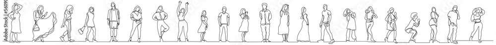 Poster continuous line drawing of group of various happy diverse people standing in row - png image with tr