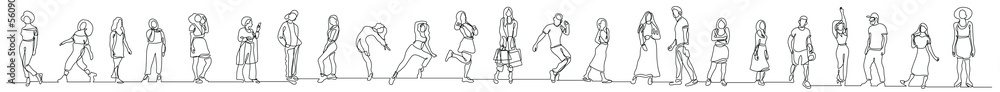 Poster continuous line drawing of group of various positive diverse people standing in line - png image wit