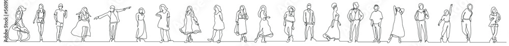 Poster continuous line drawing of group of various trendy diverse people standing in line - png image with 