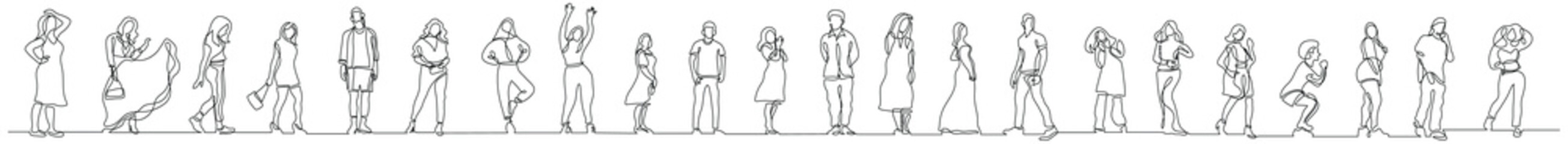 continuous line drawing of group of various happy diverse people standing in row - PNG image with transparent background