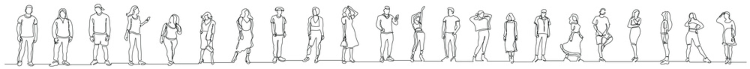 continuous line drawing of group of various positive diverse people standing in a row - PNG image with transparent background