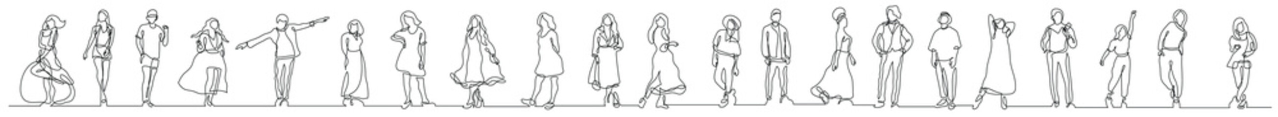 continuous line drawing of group of various trendy diverse people standing in line - PNG image with transparent background