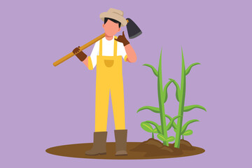 Graphic flat design drawing farmer standing with call me gesture, wearing straw hat, carrying shovel to plant crop or harvest on farmland. Rural agricultural worker. Cartoon style vector illustration