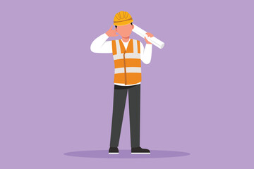 Character flat drawing smart male architect standing holding roll of paper work with call me gesture and wearing helmet carrying blueprint for building's work plan. Cartoon design vector illustration