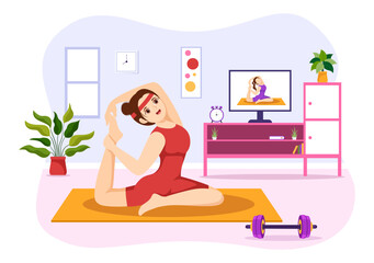 Obraz na płótnie Canvas Yoga and Meditation Practices Illustration with Health Benefits of the Body for Web Banner or Landing Page in Flat Cartoon Hand Drawn Templates