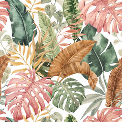 Beautiful seamless pattern with hand drawn watercolor colorful tropical palm leaves. Stock illustration. Wallpapper textile fabric design.