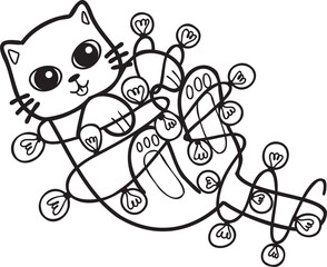 Hand Drawn cat playing with light bulb illustration in doodle style