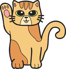 Hand Drawn Maneki Neko or lucky striped cat illustration in doodle style