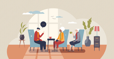 Fototapeta premium Retirement home or elderly seniors health and mental care tiny person concept. Recreation living and spending time together with other people vector illustration. Grandmother and grandfather talking.