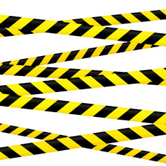 Crossed caution tape set. Yellow and black warning stripes. Repeated construction, hazard, danger sellotapes. Restriction and prohibition zones adhesive tapes. Police line.