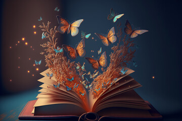 An open book with butterflies flying out of it, Generative AI - obrazy, fototapety, plakaty