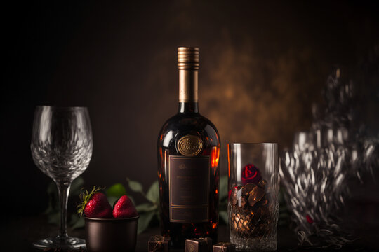 Dark and moody image of alcoholic drinks and chocolate in the low light setting. Perfect for the concept of romantic date night.