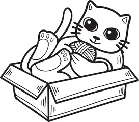 Hand Drawn cat playing with yarn in a box illustration in doodle style