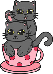 Hand Drawn cat or kitten with coffee mug illustration in doodle style