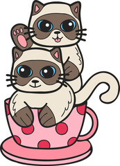 Hand Drawn cat or kitten with coffee mug illustration in doodle style