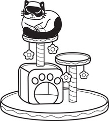 Hand Drawn cat with cat climbing pole illustration in doodle style