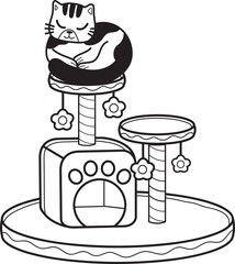 Hand Drawn striped cat with cat climbing pole illustration in doodle style