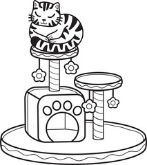 Hand Drawn striped cat with cat climbing pole illustration in doodle style