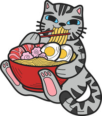 Hand Drawn striped cat eating noodles illustration in doodle style